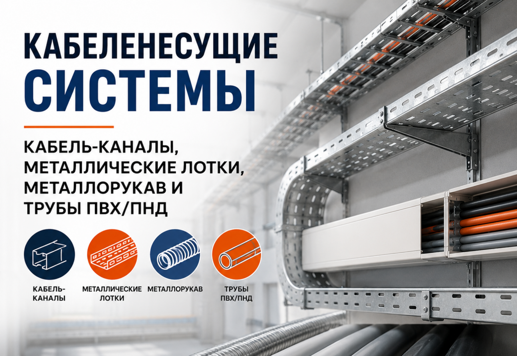 Кабеленесущие системы: кабель-каналы, металлические лотки, металлорукав и трубы ПВХ/ПНД