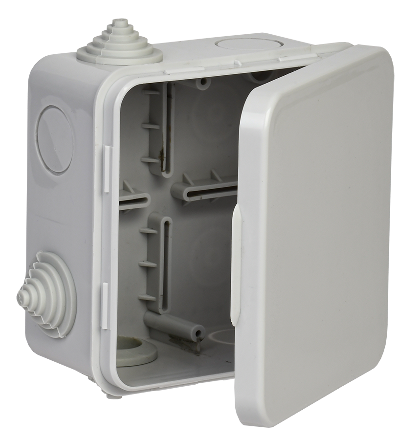 Коробка КМ41256 распаячная для о п с откидной крышкой  100х100х50мм IP54 (RAL7035, 8 гермовводов)